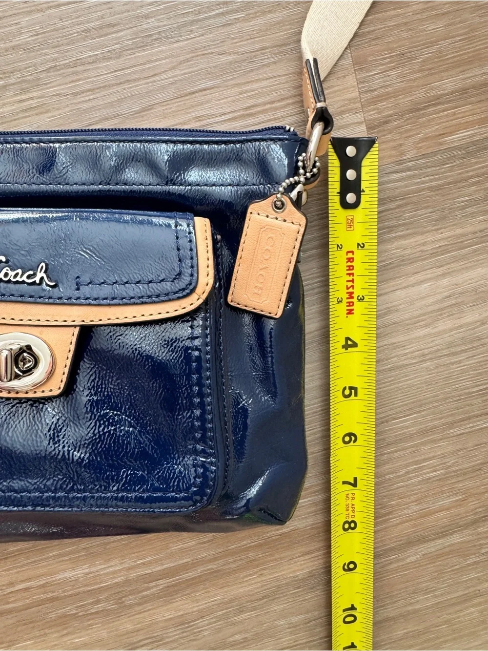 Coach Navy Patent Leather Crossbody with Tan Trim and Canvas Strap preppy